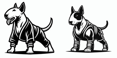 Obraz premium Bull Terrier Dog in muay thai costume. Boxing Sport Cartoon Animal Clipart Line Art Vector Illustration. Canine garb strong breed fighter attire.