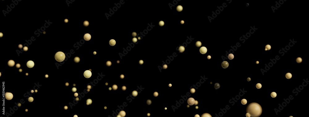 Poster elegant, abstract stock photo of golden spheres floating on a black background. perfect for design p