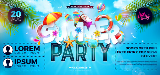 Summer Beach Party Banner Design with Flower, Beach Ball and Text Label on Tropical Palm Leaves Background. Vector Summer Holiday Illustration with Exotic Palm Leaves and Typography Lettering for