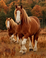 Fototapeta premium A heavy horse on the background of forests and mountains.