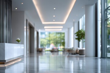 Fototapeta premium Modern lobby white marble floors reception desk natural light blurred chairs