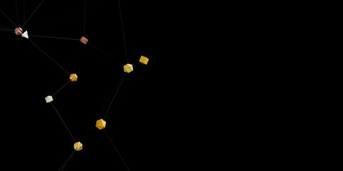 Golden cubes connected by lines on black background. Abstract network concept.