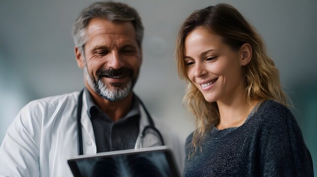 Doctor and patient reviewing shoulder X ray on tablet