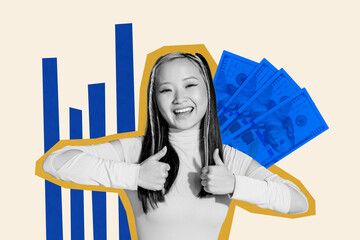 Composite trendy magazine photo collage of happy businesswoman show like reaction chart success...
