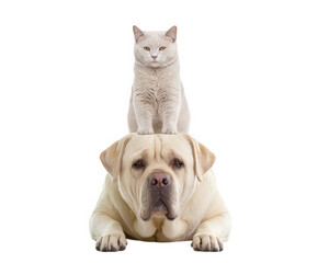 Obraz premium Cat sitting on large dog head, both animals isolated on transparency background, playful and calm expression, pet friendship, domestic animals, adorable and unique pose