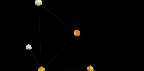 Modern abstract network concept. Gold and white cubes connected by lines on black background. ...