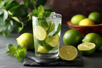 Mojito cocktail with lime mint ice and limes in a wooden bowl