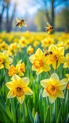 Obraz premium Vibrant daffodils blooming in a lush green garden surrounded by busy bees collecting nectar from vibrant yellow flowers