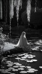 Monochrome Serenity A Figure Draped in White Sits Meditatively by a Lily Pad Covered Pond Under Weeping Willow Branches