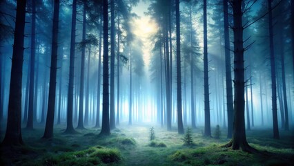 Fototapeta premium Shadowy forest at dusk with tall trees and foggy atmosphere