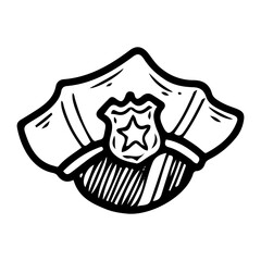 Police cap. Hand drawn doodle vector. Headwear. Part of officer uniform. Accessory. Special clothing. Illustration line art element.