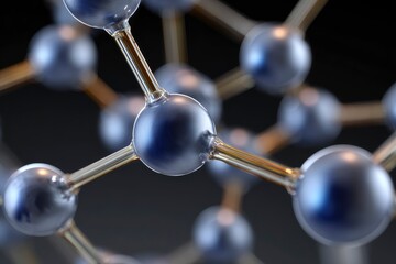 Molecule model featuring spheres connected by rods all rendered with a reflective glasslike texture against a dark backdrop