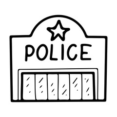 Police station building. Hand drawn doodle vector. City officers office. Illustration line art element.
