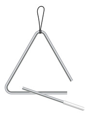 Triangular musical instrument vibrating at different frequencies from the blow of a short metal stick. Realistic vector isolated on white background