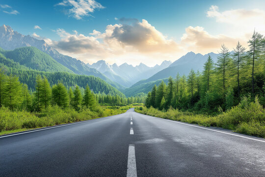 Long empty highway passing forest with majestic mountain background, ideal for travel concept visuals