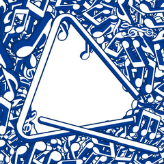 Notes and triangular musical instrument vibrating at different frequencies from blow of short metal stick piled up in big heap. Vector banner for advertising of orchestra, ensemble concert