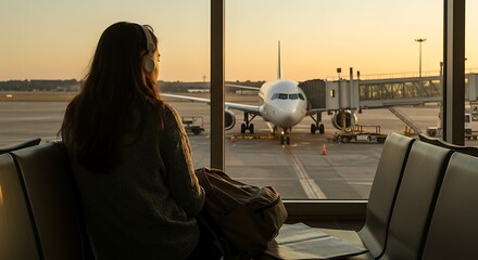 happy traveler waiting for the flight in airport, departure terminal, immigration concept