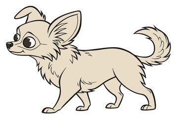 Cartoon Chihuahua Dog with Cream Colored Fur and a Curled Tail Standing Sideways in a Vector Graphic Style