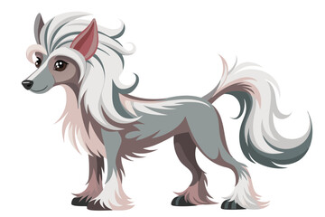 Stylized Chinese Crested Dog Illustration Standing Profile View with Flowing Mane and Tail Charming Canine Breed Depiction