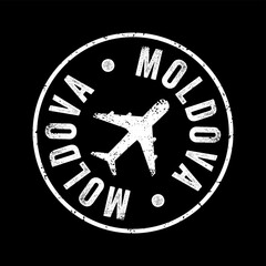 Moldova - a landlocked country in Eastern Europe, bordered by Romania to the west and Ukraine to the north, east, and south, text emblem stamp with airplane