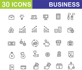 Set of Business Icons. 30 Outline Icons. Vector Illustration. Editable Stroke.
