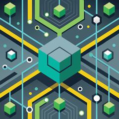 Abstract isometric geometric pattern with connected cubes and lines in green yellow and teal