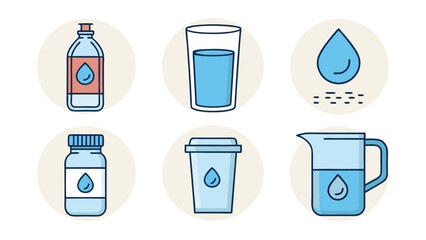 set of blue water bottles Flat Icon Set of Hydration and Drinking Water Elements on White Background Includes Water Bottle, Glass of Water, Drop Icon, Filter Jug.