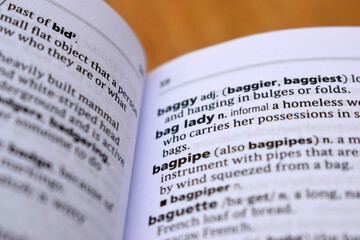 Close Up Of English Dictionary Page With Definition Word - Bagpipe