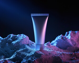 Metallized cream tube stands on lunar surface with side neon pink light. Horizontal mockup of cosmetics with natural minerals. Matte plastic packaging on dark blue background, sci-fi theme