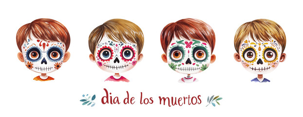 Day of the Dead boy, portrait set. Collection of watercolor illustration of children's face with Sugar skull makeup. Isolated clipart with clear even edge on transparent background