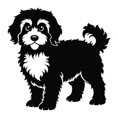Playful Black and White Puppy with Fluffy Fur a Delightful Cartoon Silhouette Capturing Joy and Innocence