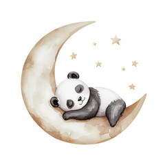Little sleeping panda on moon among stars. Cute watercolor illustration of stylized animal with closed eyes and head lying on paws. Isolated clipart with clear even edge on transparent background