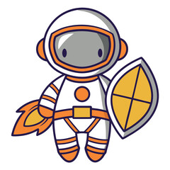 Cute cartoon astronaut with a shield and jetpack isolated on white background