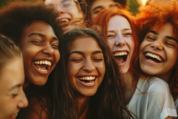 Fototapeta premium Close-up candid moment of diverse friends sharing laughter and joy outdoors at golden hour