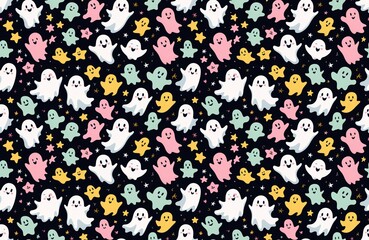Fototapeta premium Cute Colorful Ghost Seamless Pattern on Dark Background for Playful Halloween Decor