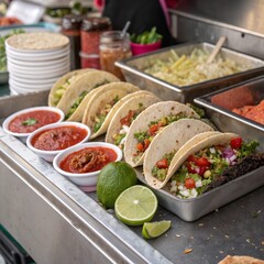 Tacos with fresh ingredients and sauces in a vibrant street food setting
