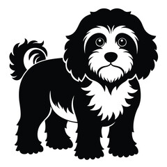 Charming Black and White Dog Illustration A Cute Cartoon Pet with Curly Tail and Expressive Eyes Standing Attentively