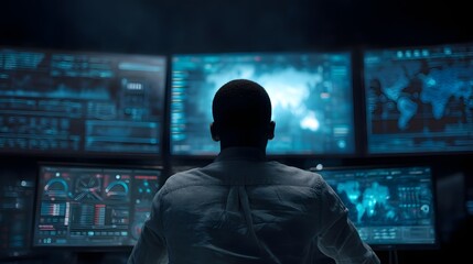 A high tech industrial command center with an engineer operating floating UI panels