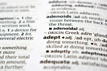 Close Up Of English Dictionary Page With Definition Word -Adept