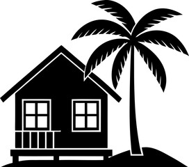 Obraz premium Rustic beach house with palm trees scene in black silhouette vector