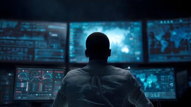 A high tech industrial command center with an engineer operating floating UI panels