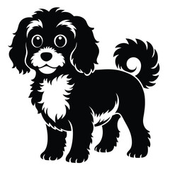 Charming Black and White Dog Illustration Delightful Cartoon Pet with Curled Tail and Playful Expression Adorable Animal Graphic