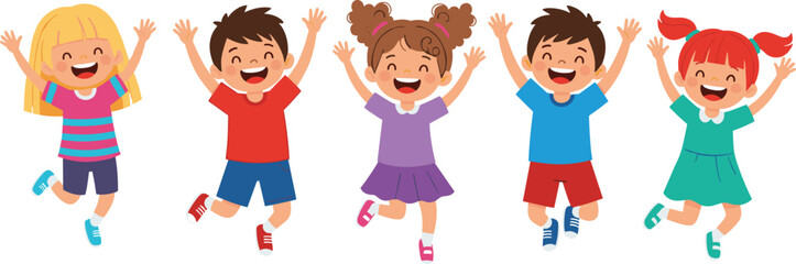 Group of cartoon children jumping with joy, happy kids smiling, colorful clothes, fun illustration, playful energy, white background, vector art   flat vector illustration © merajul
