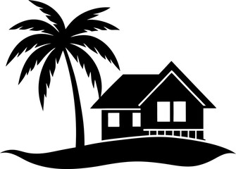Obraz premium Palm tree and seaside bungalow silhouette vector isolated on white