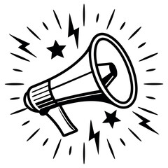 Retro megaphone with lightning bolts and stars isolated on white background