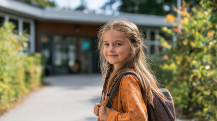Smiling young schoolgirl with braided hair and backpack standing outdoors near school entrance. First day of school atmosphere. Confident and happy.