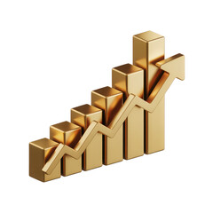 Golden 3d bar chart with upward trend arrow illustrating financial growth and positive performance