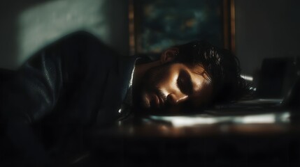 Man napping on office desk during break time