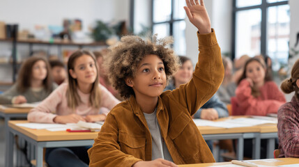 Curly-haired schoolboy raising his hand in a classroom during a lesson, surrounded by attentive classmates. Active participation in education. Bright learning moment.
