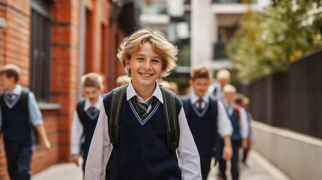Smiling schoolboy in uniform with backpack walking outside school with classmates on a sunny day. Friendly atmosphere of learning. Morning routine.